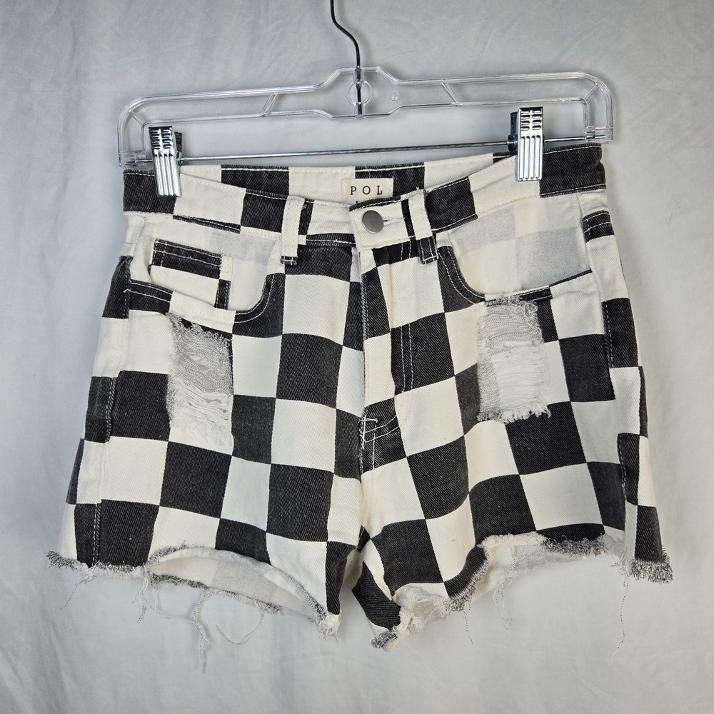 POL Distressed Denim Cut Off Shorts Womens Small Checker Flag Black White Punk